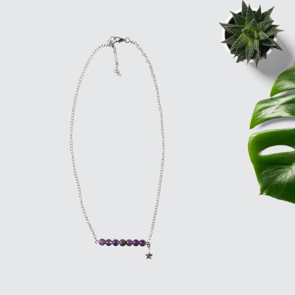 Amethyst Black Striped Agate Chakra Gemstone Hematite Star Necklace Handmade - Picture 2 of 7